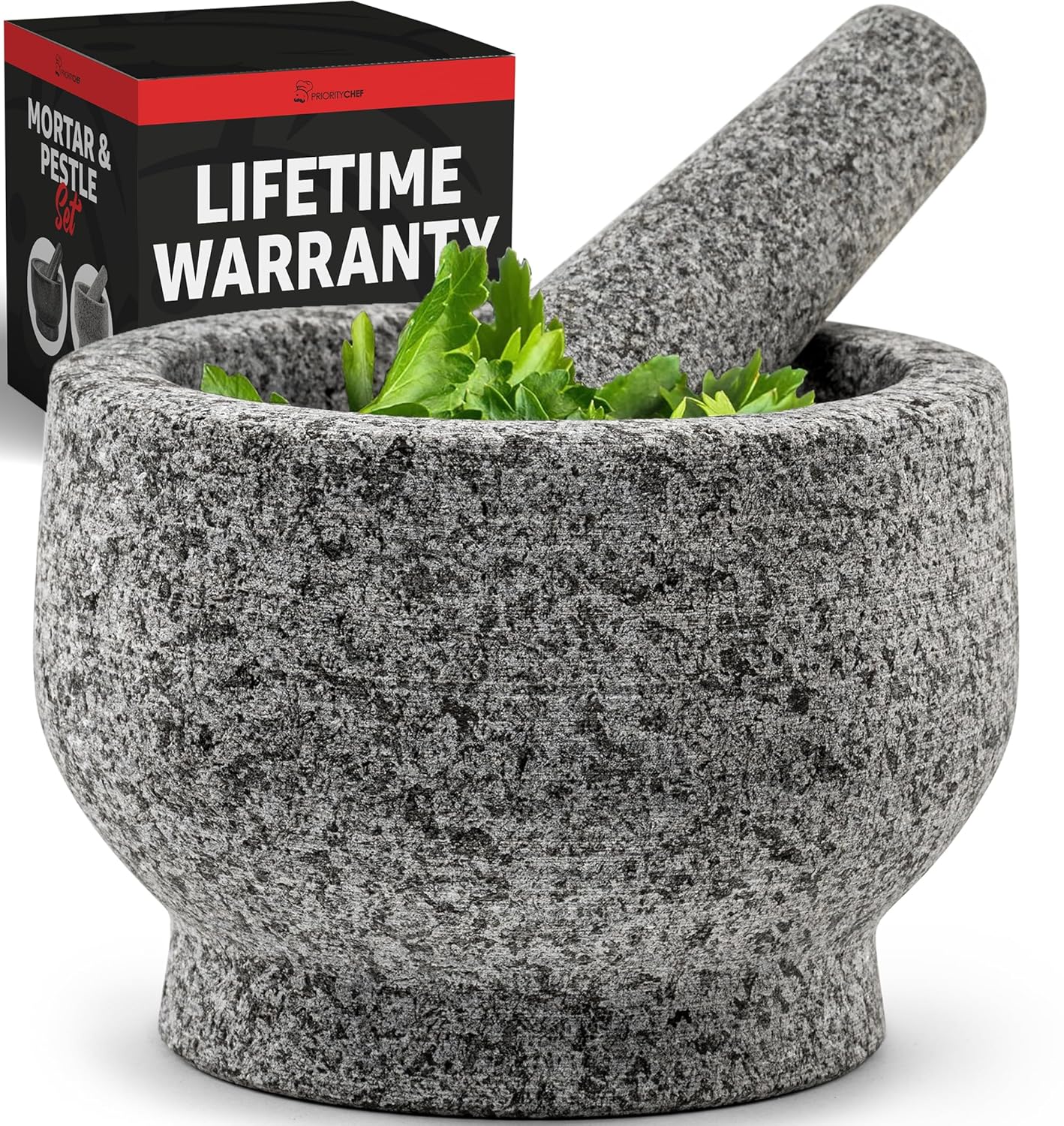 PriorityChef Large Mortar and Pestle Set - Heavy Duty Natural Granite for Fresh Guacamole | 2 Cup Unpolished Grey
