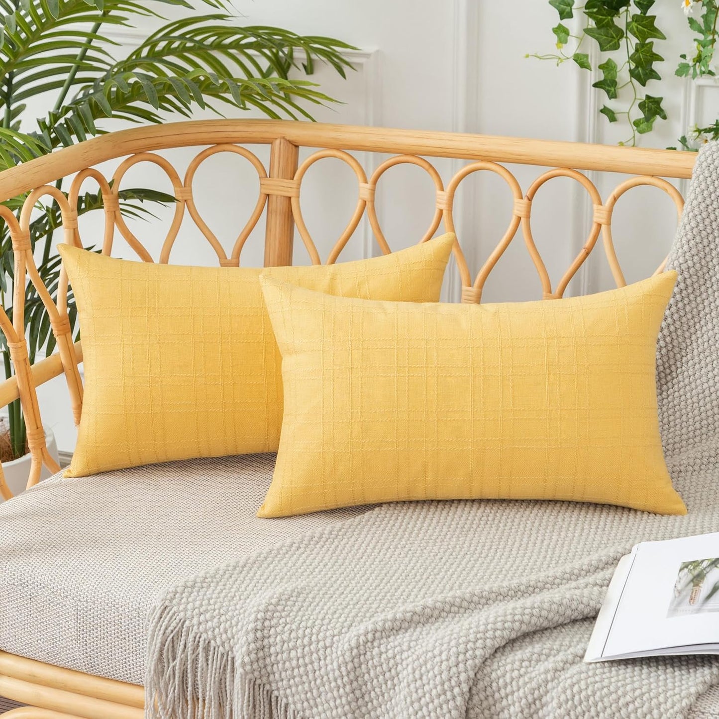 UGASA Outdoor Throw Pillow Covers - Waterproof Plaid Texture | Decorative Lumbar Cushions, 12x20 Inch, Yellow (Pack of 2)