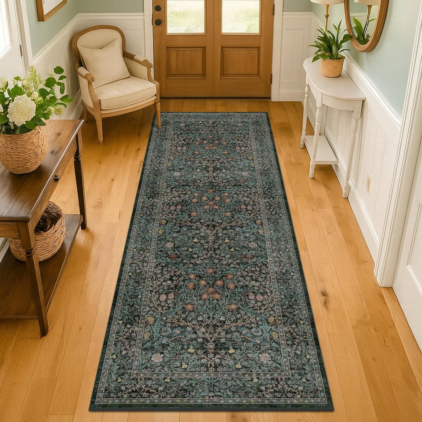 Skiennix 8ft Non-Slip Hallway Runner - Washable Rubber Backing, Stain Resistant | Vintage Floral Dark Green & Black