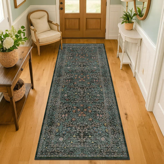 Skiennix 8ft Non-Slip Hallway Runner - Washable Vintage Floral Dark Green & Black | 2'6" x 8' Indoor Décor