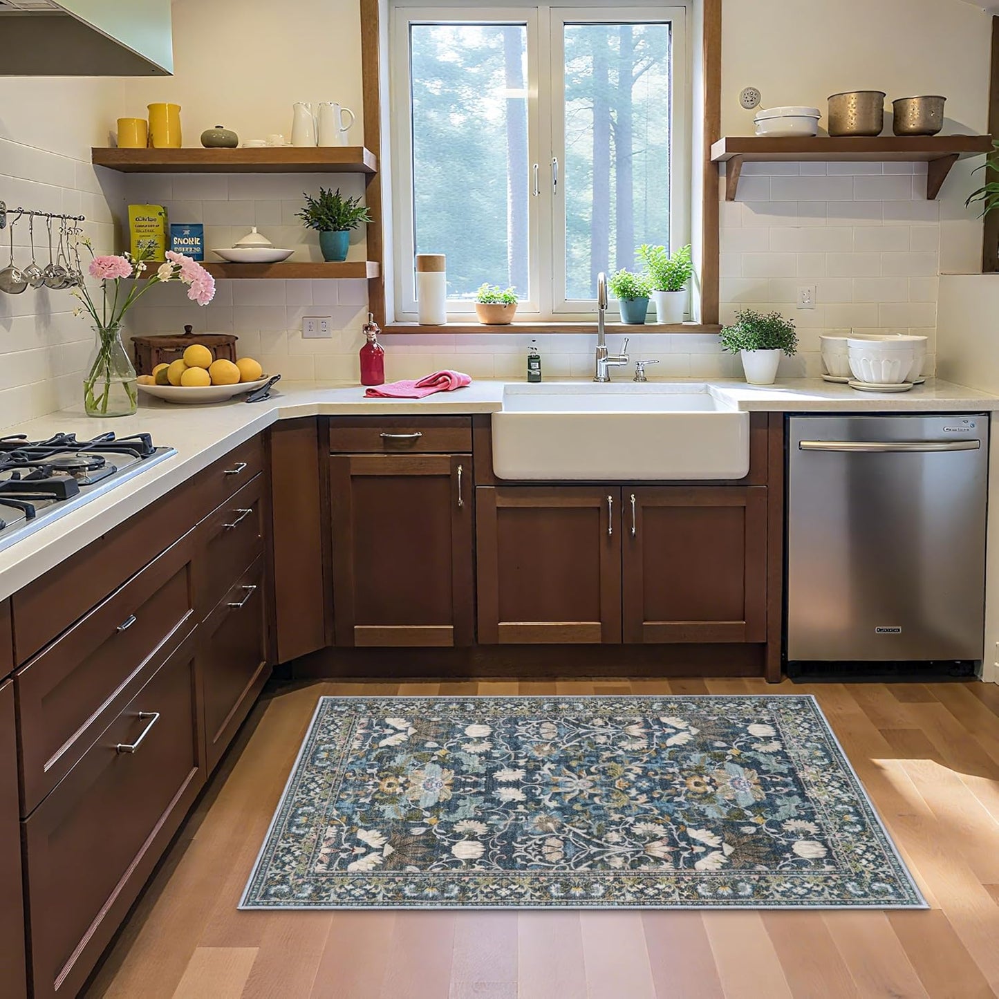 Skiennix Washable 3x5 Area Rug - Ultra Soft Low Pile Carpet for Indoor Use | Floral Blue Design