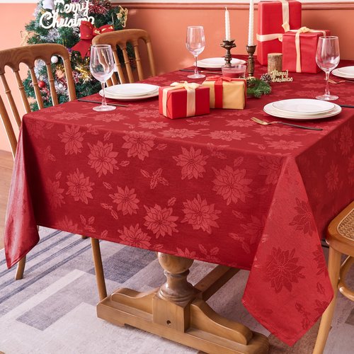 Biscaynebay Christmas Red Tablecloth Rectangle Tables 60x102 Inch-Fabric Xmas Holiday Winter Table Cloth-Jacquard Damask Poinsettia Modern Table Cover for 6 ft Kitchen Dinner Banquet Outdoor Parties