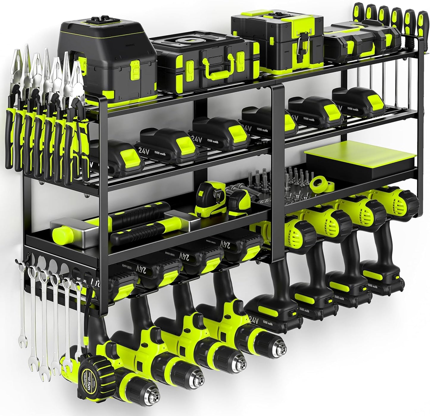 POKIPO 33" W Heavy-Duty Power Tool Organizer - 4-Tier Wall Mount Storage for 8 Drills & Batteries | Garage Utility Rack