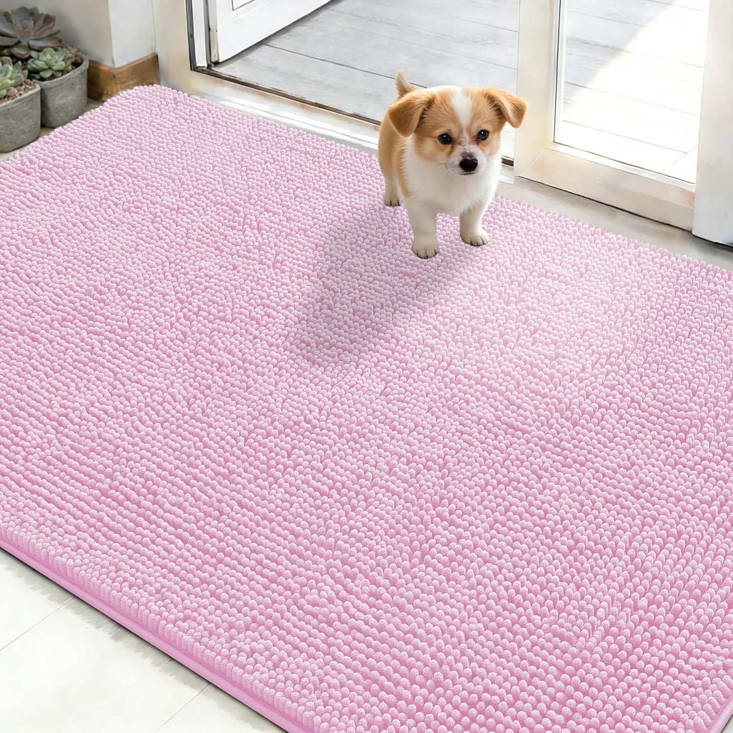 OLANLY Dog Door Mat - Absorbent Non-Slip Mud Mat for Dogs | Quick Dry Chenille, 48x30, Pink