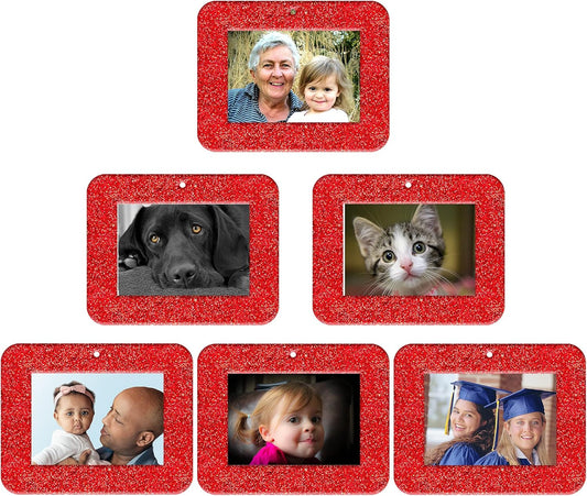 Mini Glitter Photo Christmas Ornaments - Magnetic Easy-Load Frames, Red 6-Pack