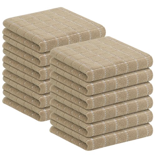 Homaxy 100% Cotton Terry Kitchen Towels(Tan, 13 x 28 inches), Checkered Designed, Soft and Super Absorbent Dish Towels, 12 Pack
