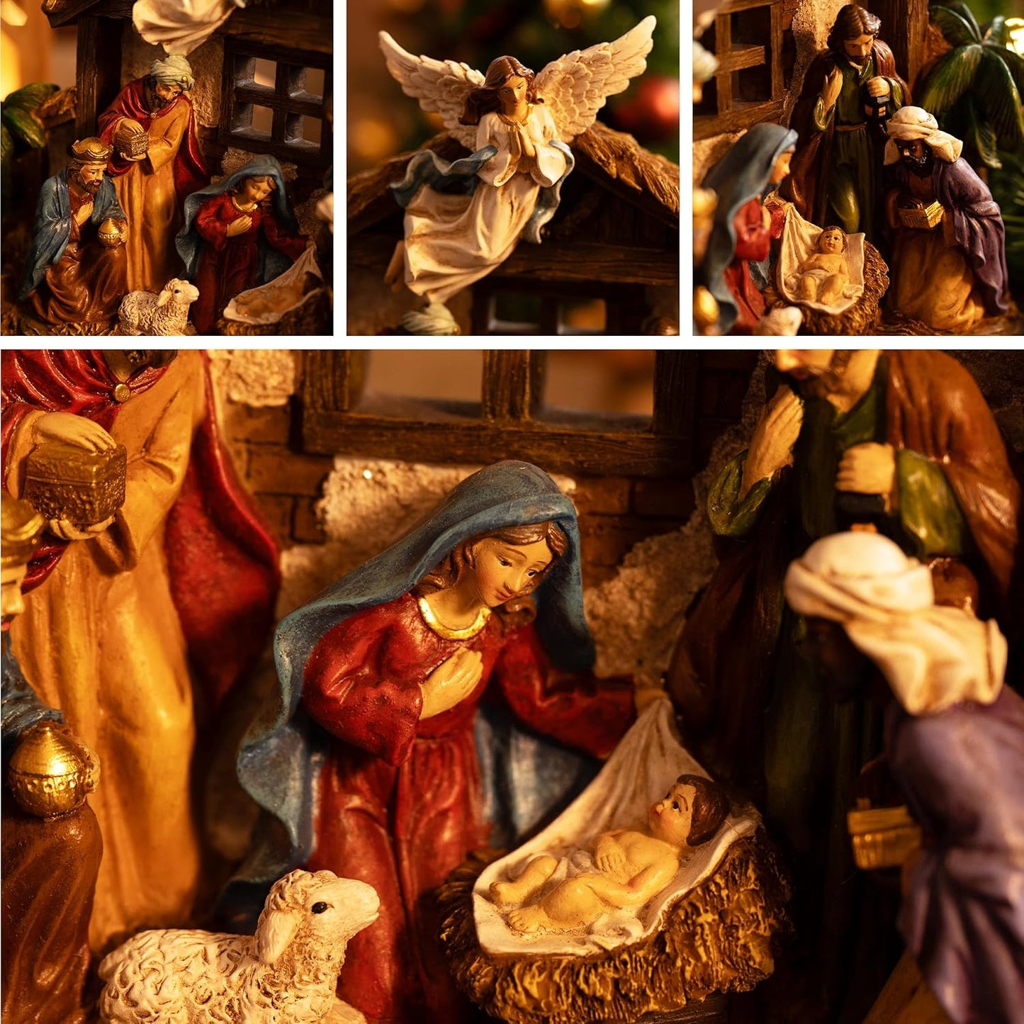 Valery Madelyn Nativity Figurines Set - LED Lights & Red Gold Holy Family | 10.6 Inch Resin Manger Decor