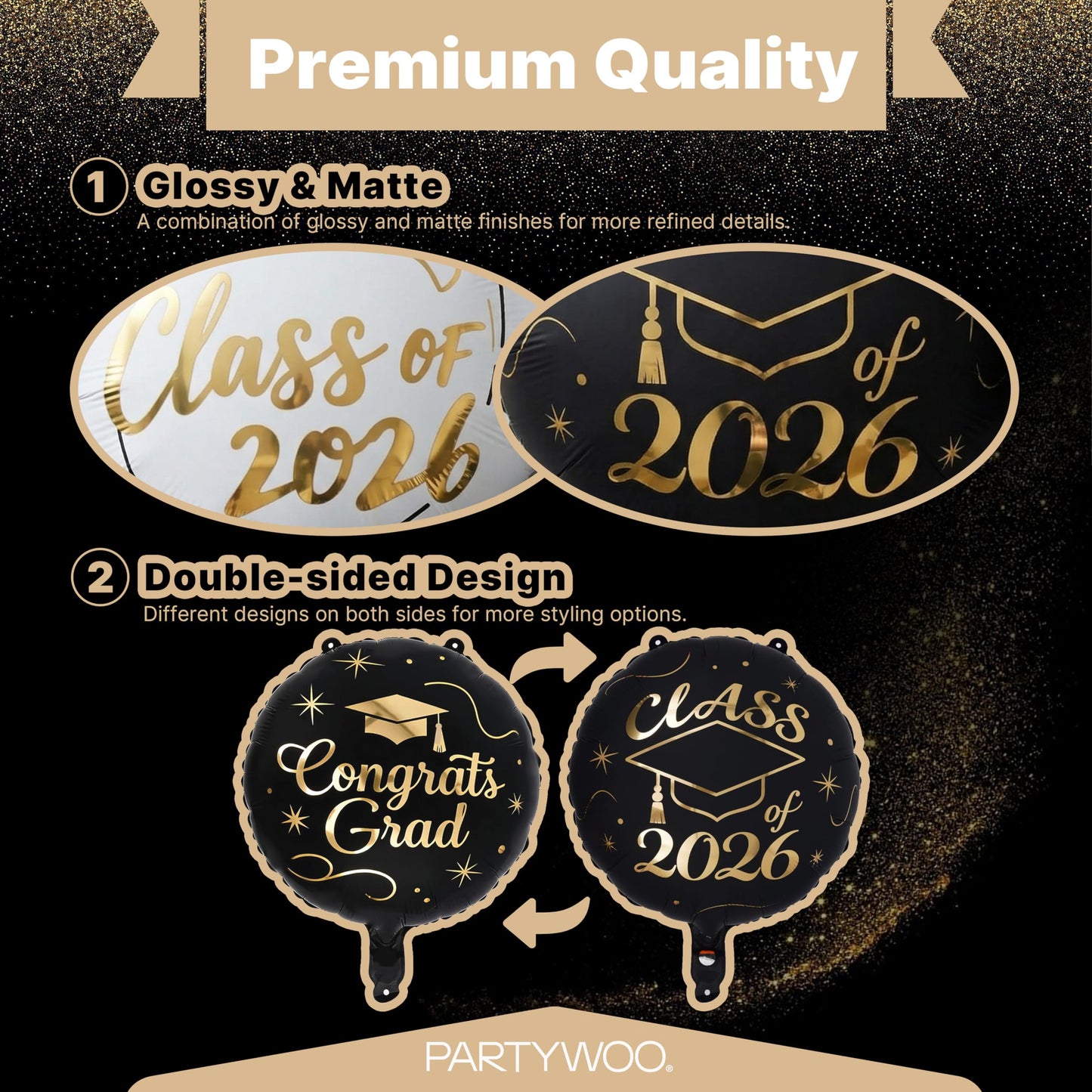 PartyWoo Graduation Balloons Class of 2026 Black White Gold 12pcs Balloons 40 Inch 2026 Foil Number Balloons 18 Inch Congrats Grad Mylar Balloons for Black White Graduation Decorations Party Supplies