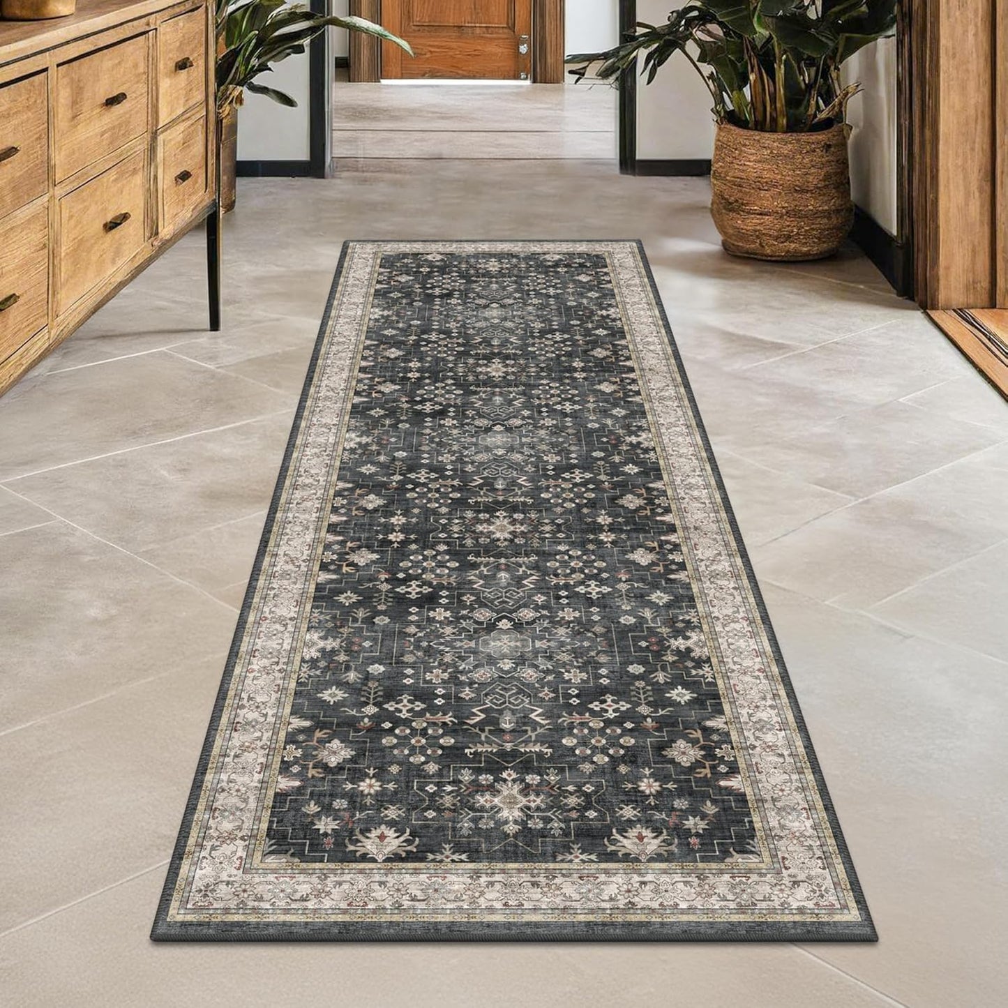 Skiennix Black Boho Runner Rug - Washable, Non-Slip, Stain Resistant | 2x6 ft for Hallway & Bedroom