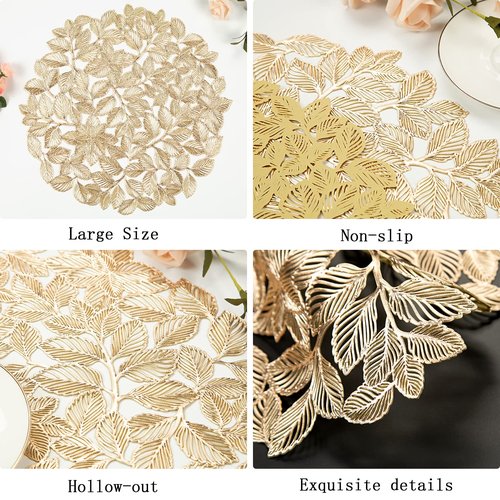 Crisjanggo Gold Leaf Placemats Set of 8 Metallic Round Placemats Wipeable Waterproof Table Mats for Kitchen Dinner Indoor Outdoor Wedding