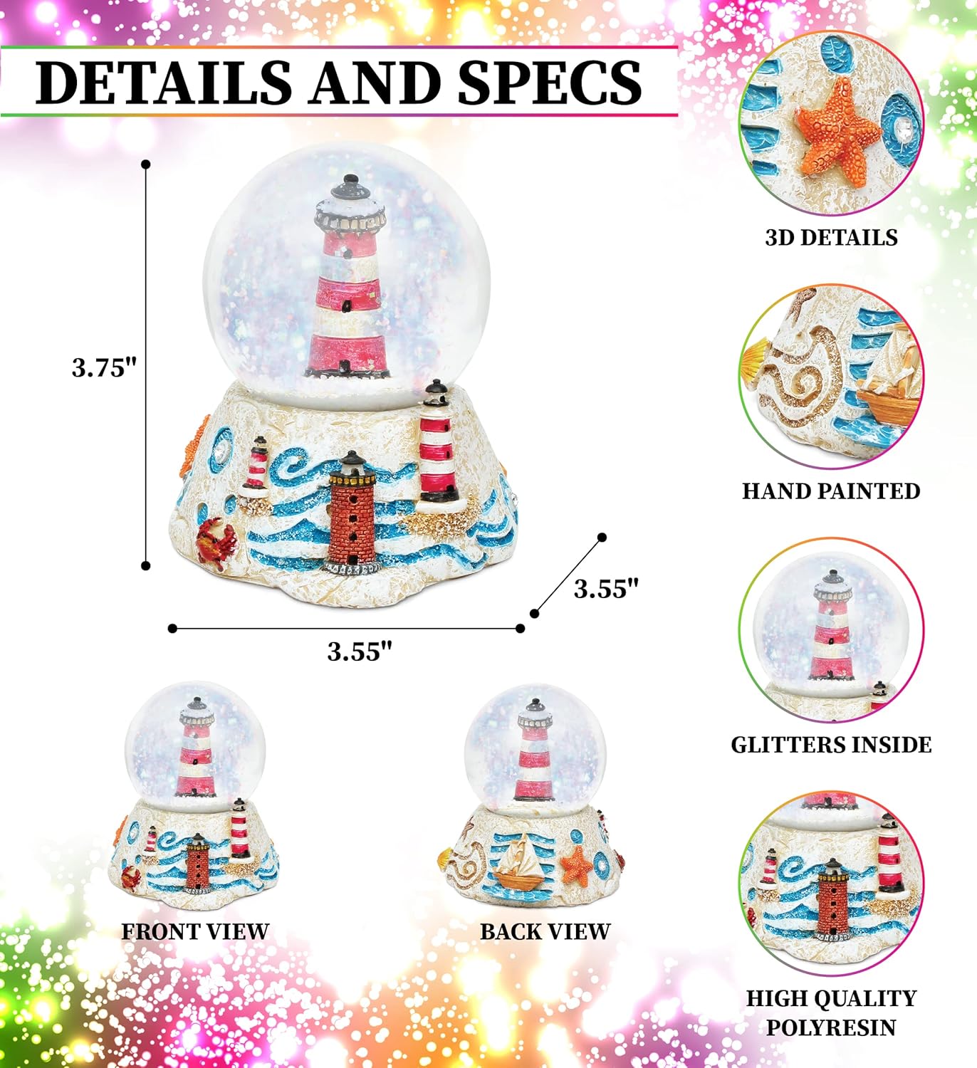 Lighthouse Stone Snow Globe - Sparkling Glitter Water Globe Figurine for Home Decor, Perfect Gift for Birthdays & Holidays
