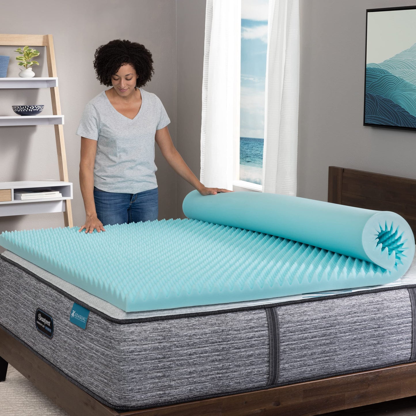 Beautyrest Cool Wave Plus Convoluted Pressure-Relieving Memory Foam Mattress Topper, Twin XL, 3-Inch,Blue