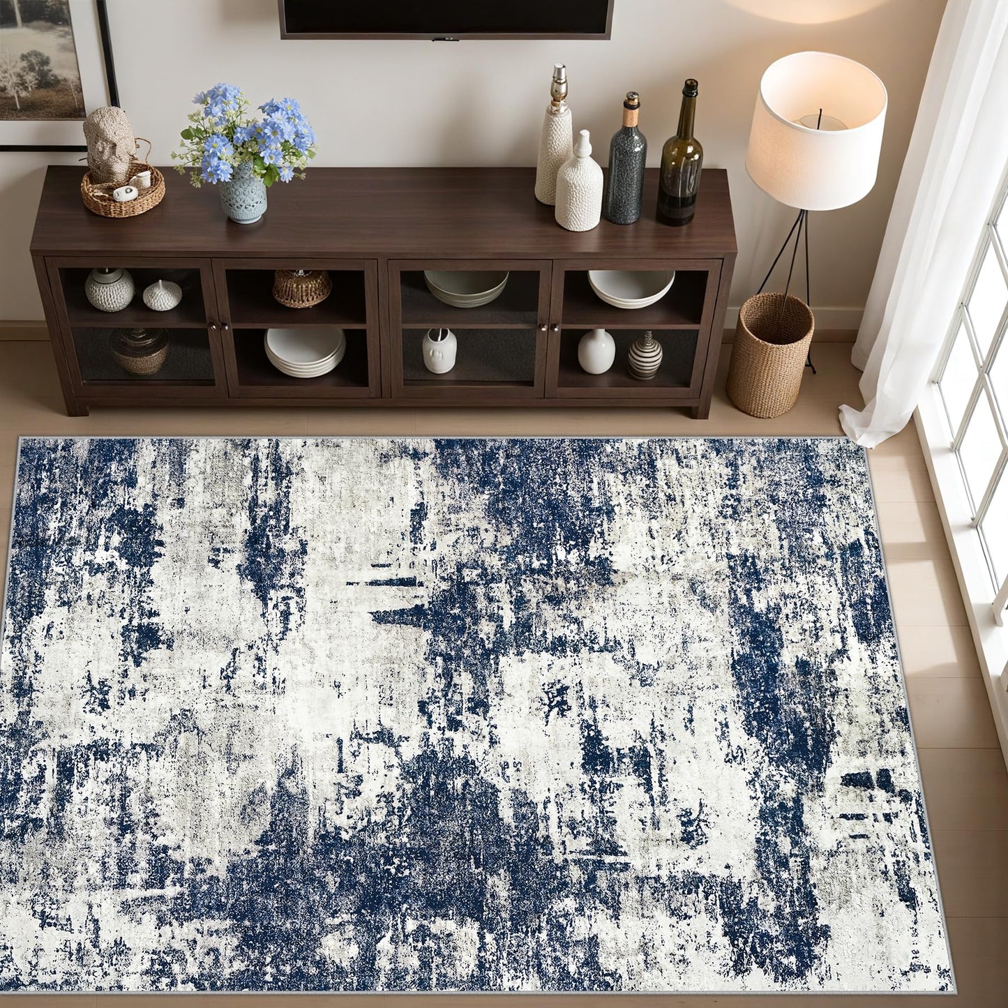 Area Rug Living Room Rugs: 5x7 Washable Rug with Anti-Slip Backing Non-Shedding Stain-Resistant Foldable Modern Abstract Carpet for Bedroom Dining Room Nursery Home Office - Gray/Blue