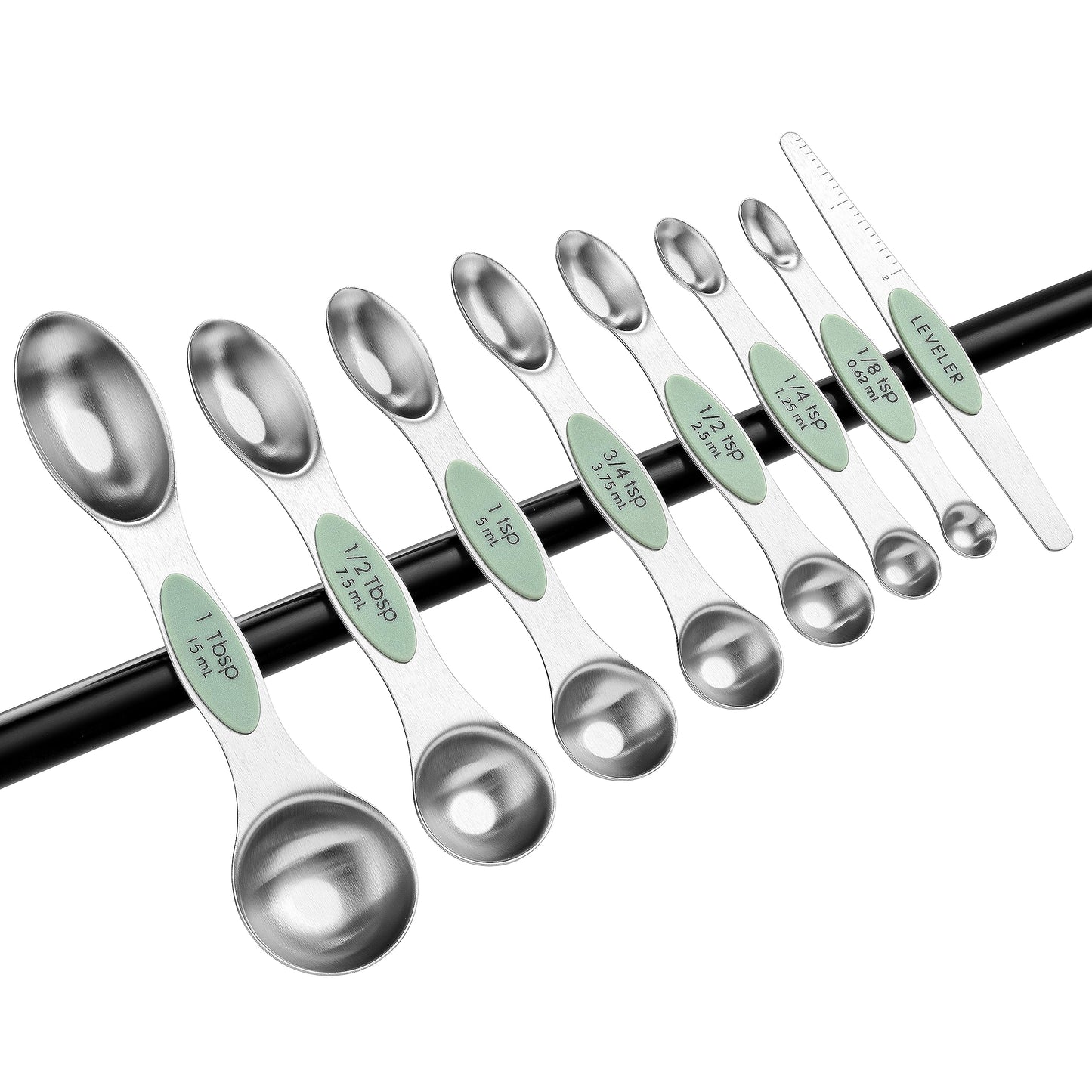 Spring Chef Stainless Steel Magnetic Measuring Spoons Set of 8 with Leveler, Dual Sided Teaspoon & Tablespoon Set, Nesting Metal Kitchen Gadgets for Baking & Cooking, Fits in Spice Jars - Pistachio