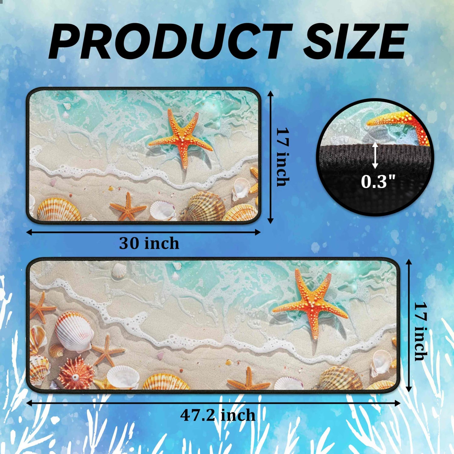 Lumiprinta Ocean Theme Tropical Beach Seashell Starfish Decorative Kitchen Rugs and Mats Set of 2, Low-Profile Floor Mats Decorations for Home Kitchen 17"x47"+17"x30"