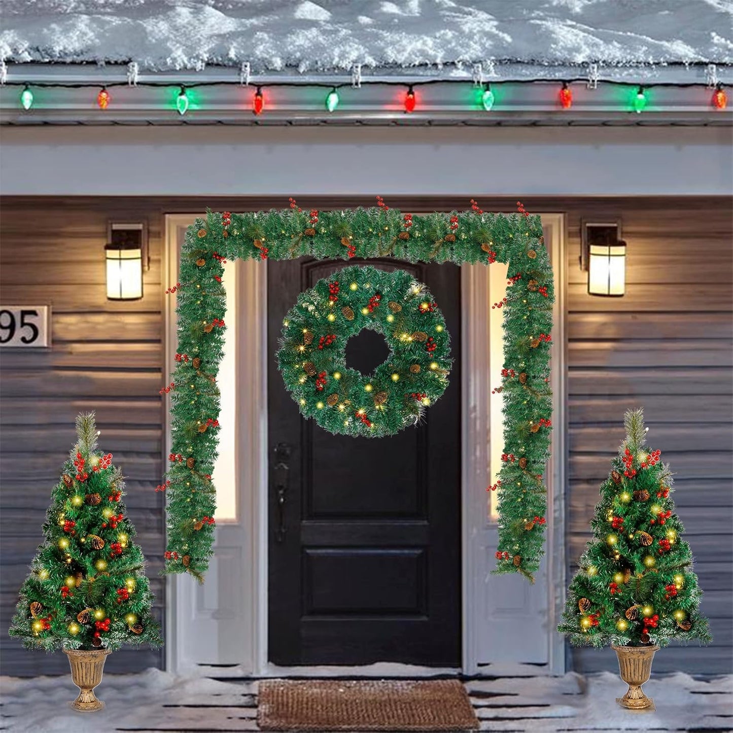 Juegoal Christmas Decorations - 4-Piece Pre-Lit Artificial Entrance Trees Set with Wreath & Garlands | 8 Lighting Modes & Timer for Festive Home Decor