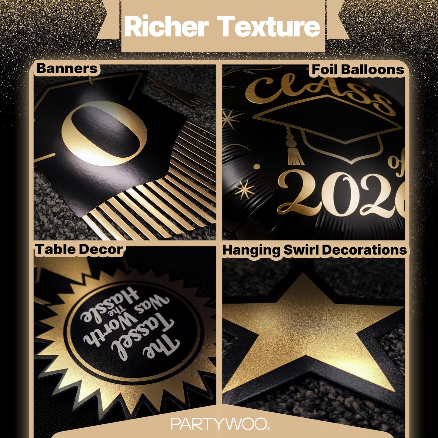 PartyWoo Graduation Decorations Class of 2026 Black Gold 19pcs Grad Party Supplies with Black Gold Congrats 2026 Grad Banner Hanging Swirls Foil Balloons Graduation Cap Centerpieces Party Decorations