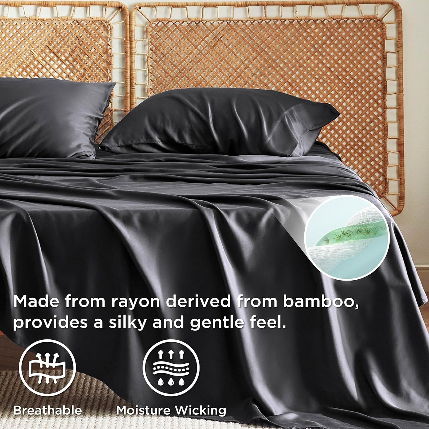 PureWoven King Size Sheet Set - Cooling Bamboo Sheets, Deep Pocket Up to 16", Soft & Breathable Luxury Bedding in Black