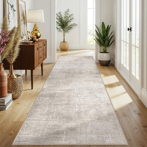 **Regine Switzerland Washable Runner Rug - Stain Resistant Abstract Design | Soft Non-Slip 4x10 Beige/Cream**