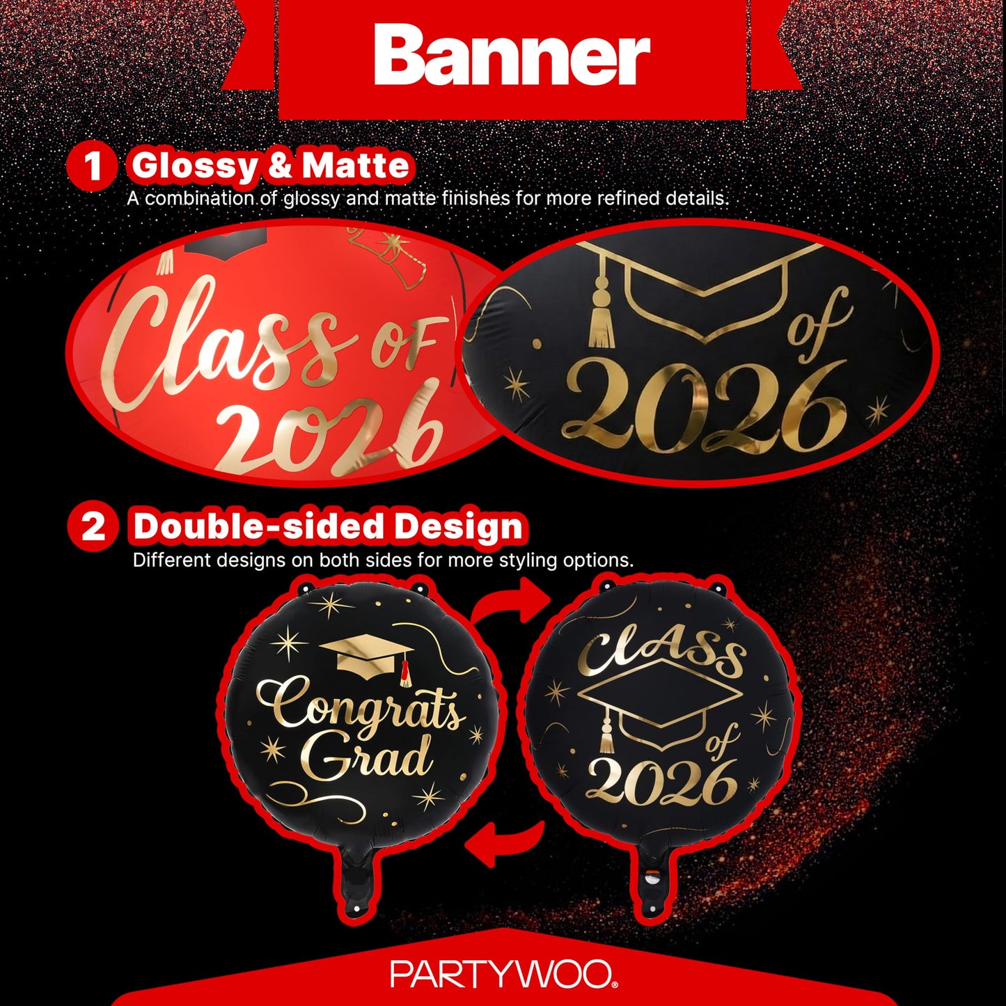 PartyWoo Graduation Balloons Class of 2026 Black Red Gold 12pcs Balloons 40 Inch 2026 Foil Number Balloons 18 Inch Congrats Grad Mylar Balloons for Black Red Graduation Decorations Party Supplies