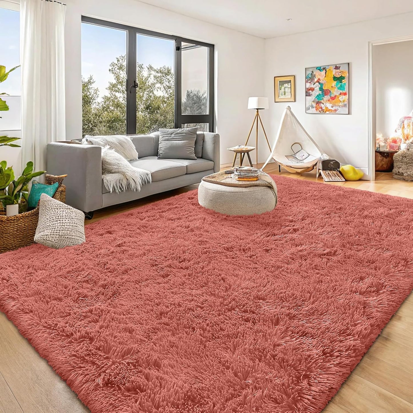 OLANLY Large Area Rug - Soft Fluffy Shaggy Carpet for Living Room & Bedroom | 8x10, Rust Red