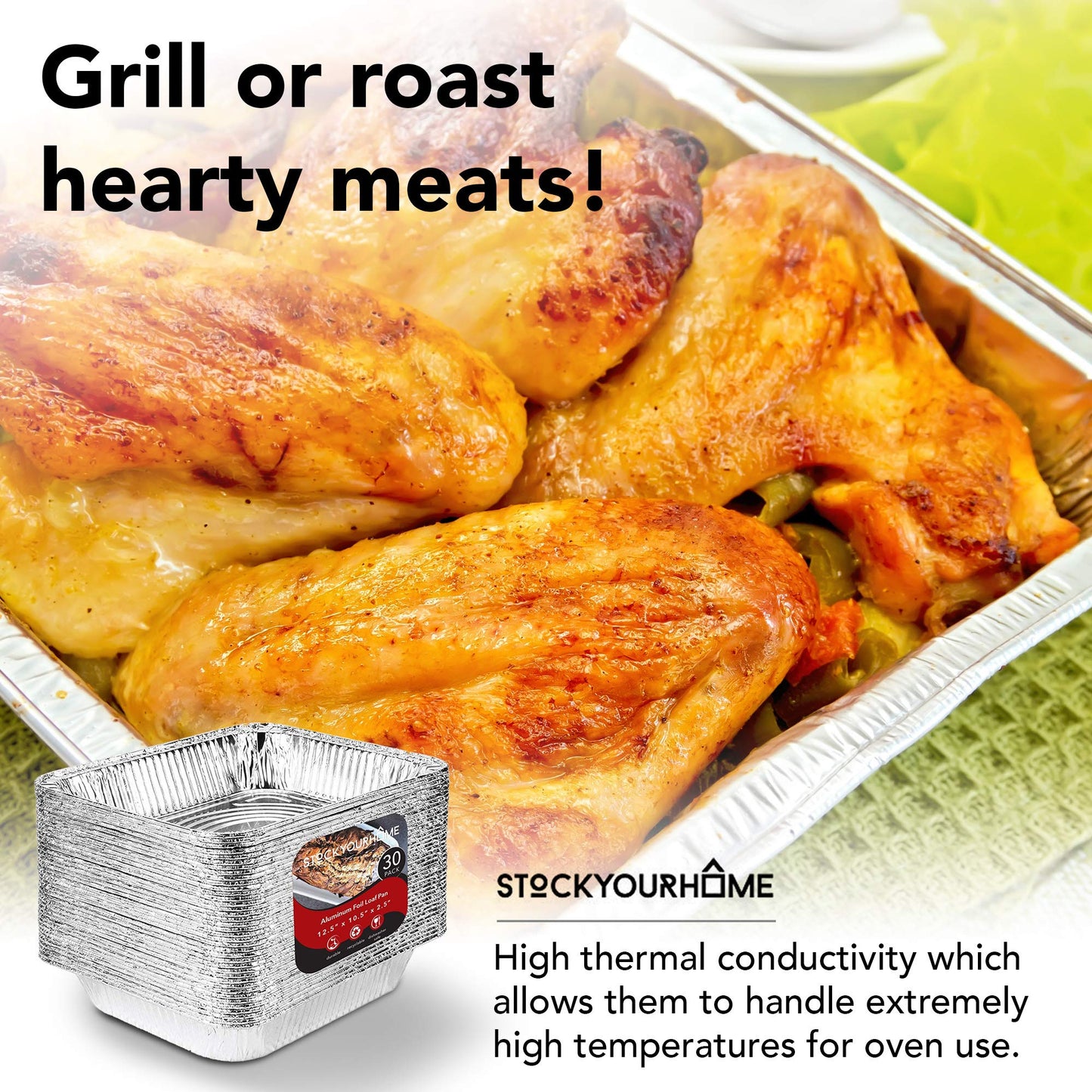 Stock Your Home Made in USA Aluminum Pans 9x13 Disposable Foil Pans (30 Pack) - Half Size Steam Table Deep Pans - Tin Foil Pans Great for Cooking, Heating, Storing, Prepping Food