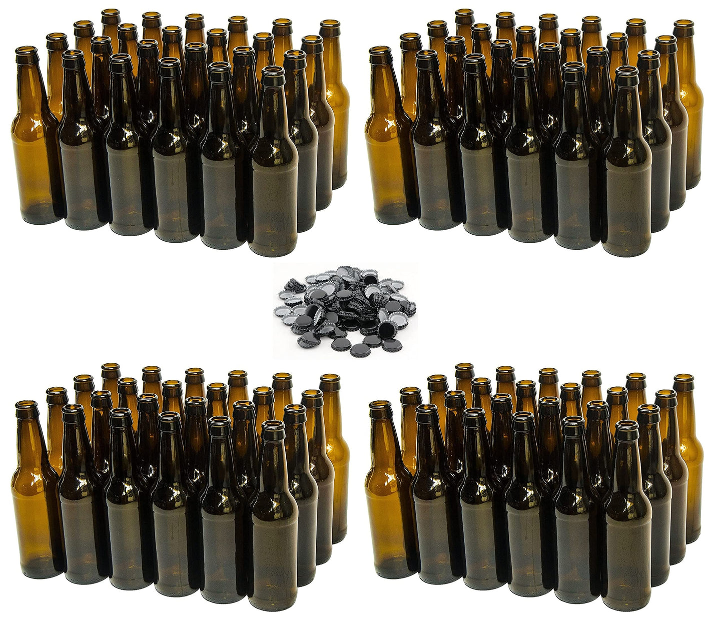 North Mountain Supply 12 Ounce Long-Neck Amber Beer Bottles - 96 Bottles (4 Cases of 24) - Includes 250 Crown Caps
