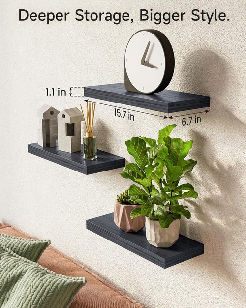 BAYKA Floating Wall Shelves - Rustic Wood Design for Bathroom, Bedroom & Living Room | Set of 3 (Black, 15.7in)