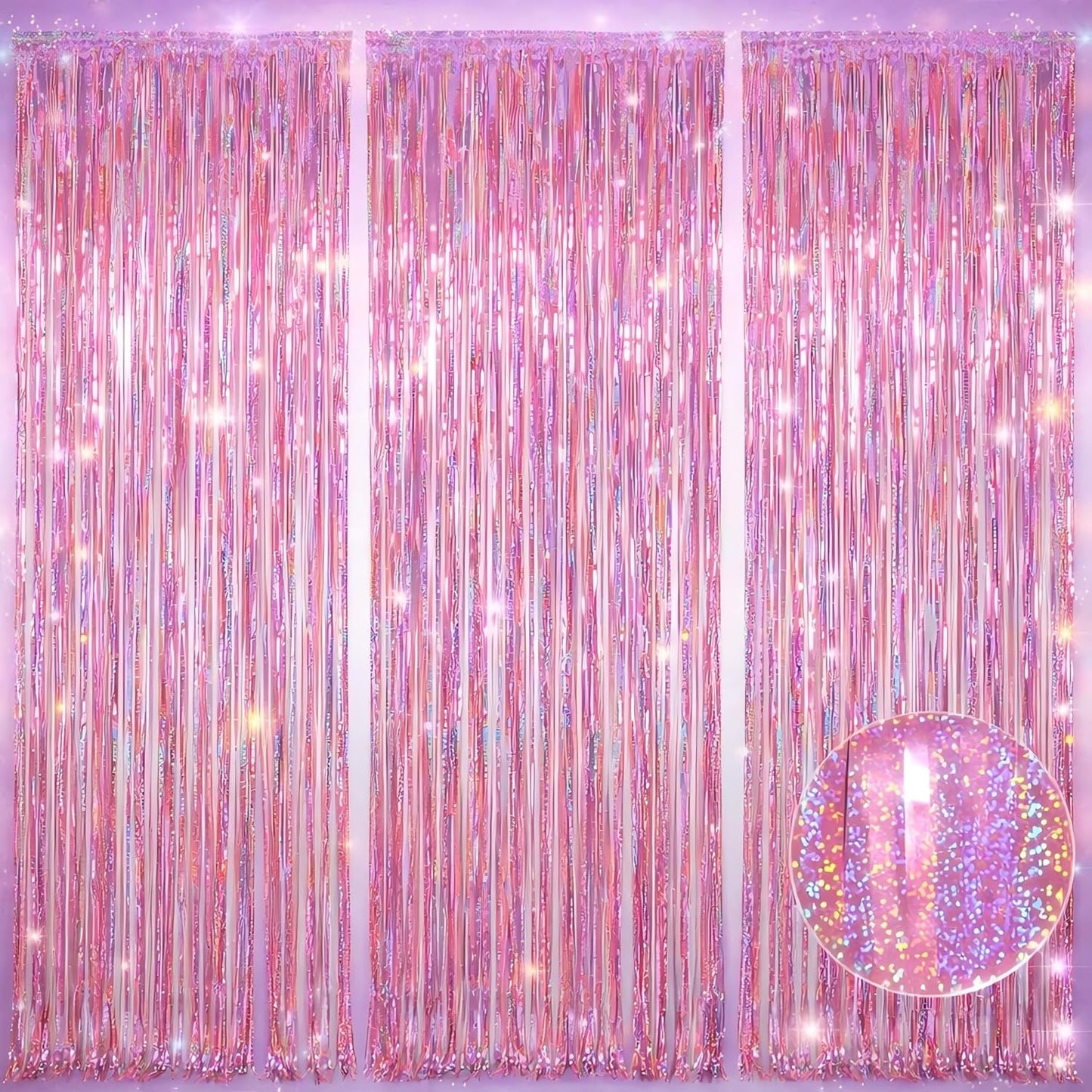 Melsan Pink Foil Fringe Curtain - Shiny Tinsel Backdrop for Bachelorette Party | 3 Pack, 3.2 x 8.2 ft