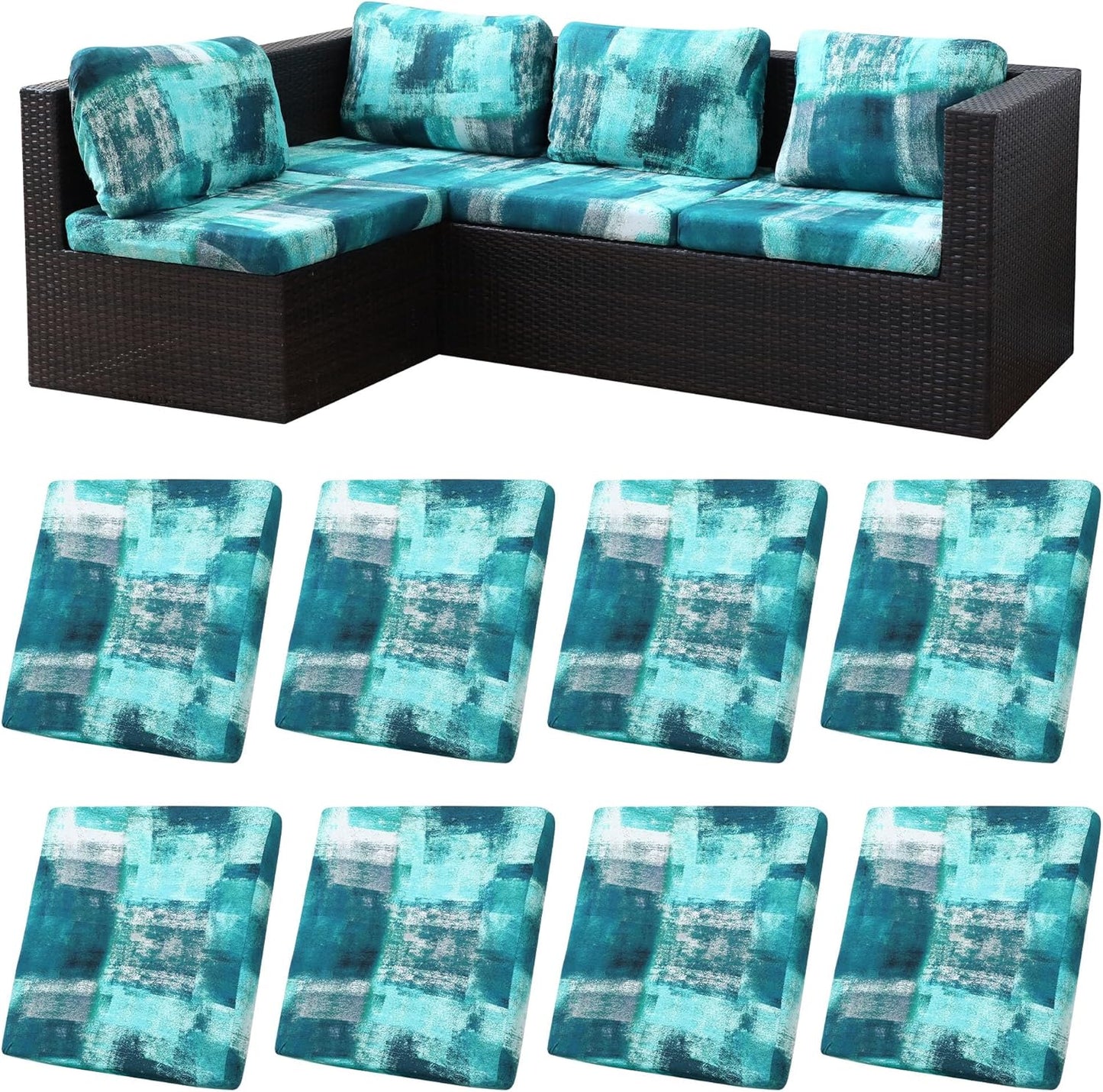 Skiennix 8-Piece Stretch Patio Cushion Covers - Washable Outdoor Sofa Slipcovers in Turquoise