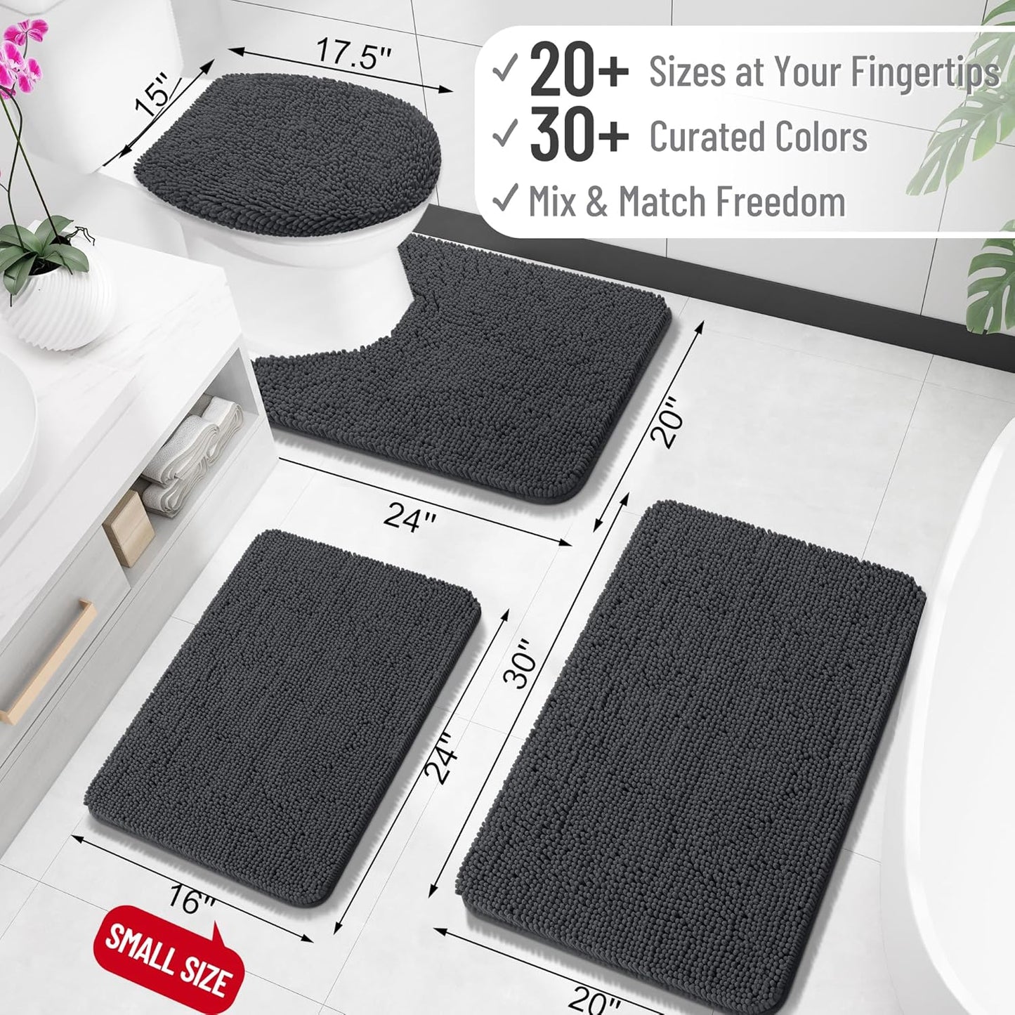 OLANLY Bathroom Rugs - Extra Soft Chenille Bath Mats with Rubber Backing | Quick Dry, Machine Washable, Dark Grey 35x24