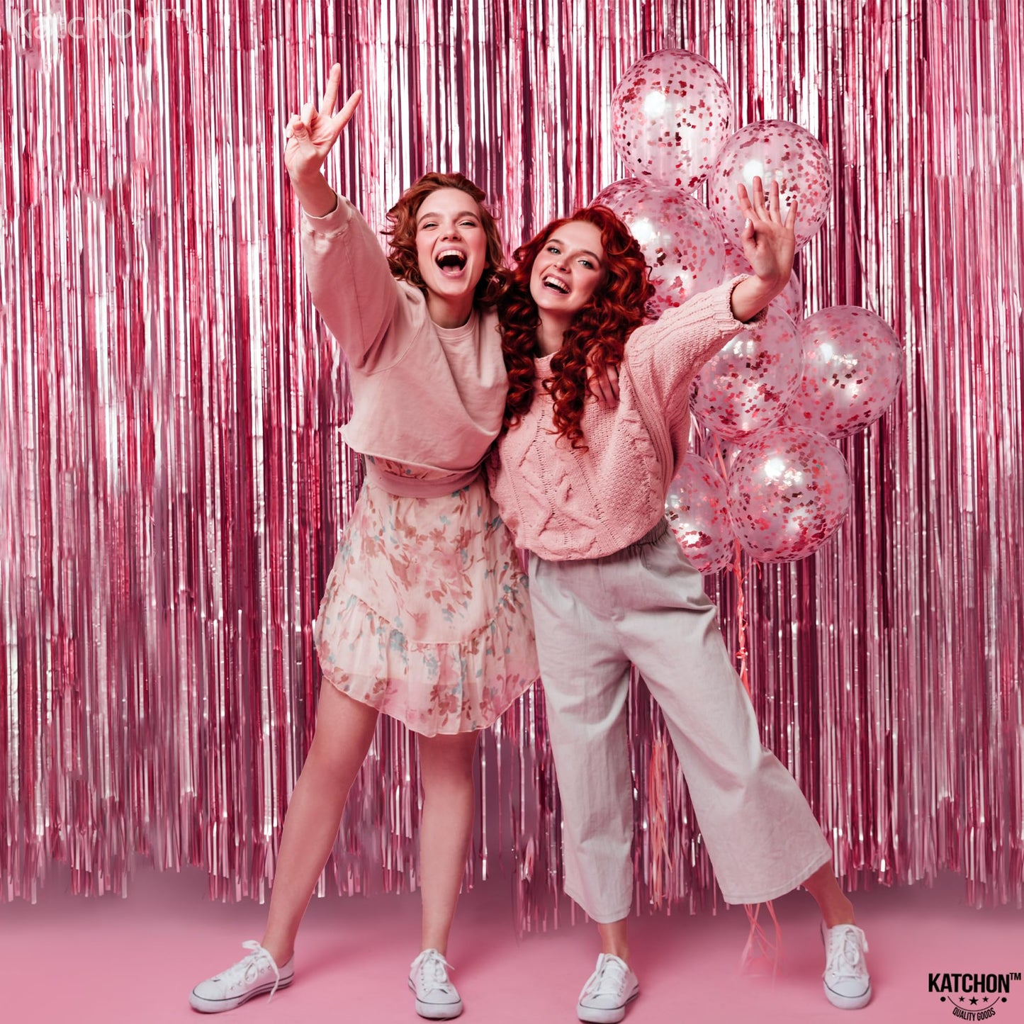 KatchOn, Pink Fringe Backdrop - Large, Pack of 2 | Pink Streamers for Birthday Decorations | Valentines Decor, Galentines Day Decorations, Baby Shower, Gender Reveal, Bachelorette Party Decoration