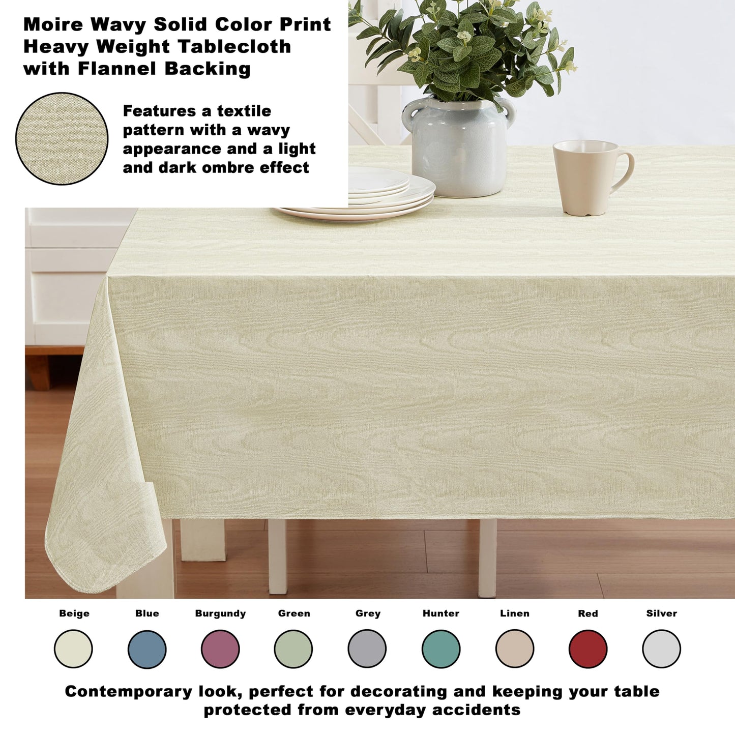Newbridge Vinyl Flannel Backed Tablecloth, 60 x 84 Inch Rectangle, Beige Moire Wavy Solid Design, Heavyweight Indoor Outdoor Waterproof Table Cover, Easy Care Wipe Clean