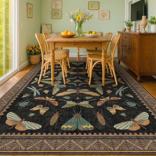 Hazo Haus Black Washable Insect Area Rug - Ultra Soft Low Pile | 8x10 for Living Room, Bedroom & Dining Room