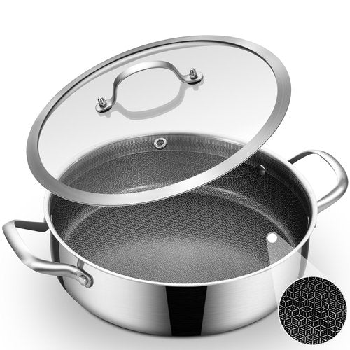 Inqibee 5 QT Hybrid Nonstick Saute Pan with Lid, Tri-Ply Stainless Steel 12 Inch Deep Frying Pan Cookware, PFOA & PFOS Free, Induction Compatible, All Cooktops, Oven & Dishwasher Safe