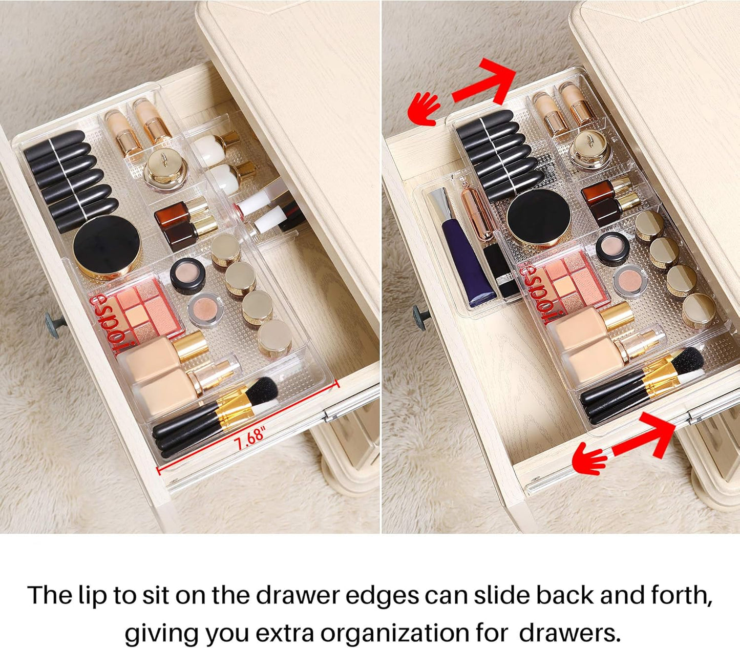 Oubonun Expandable Drawer Organizer - Shallow Cosmetic Storage Trays | 11.1” to 19.2” Width, 4 Pack, Clear