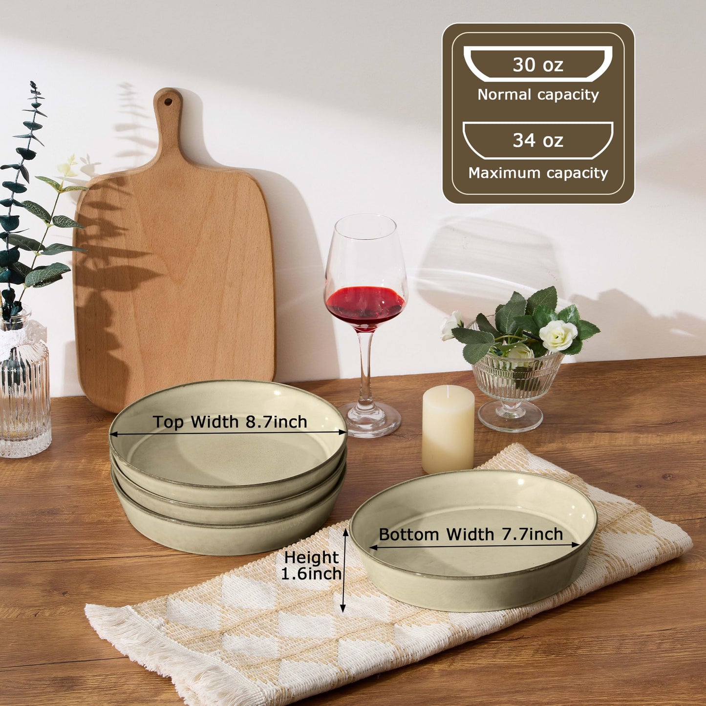 LIANYU 34oz Pasta Bowls Set of 4, 8.7’’ Wide Ceramic Bowl Plates, Shallow Stoneware Dinner Serving Plates Set for Salad, Soup, Cereal, Fruit, Dishwasher & Microwave Safe, Sandy Beige