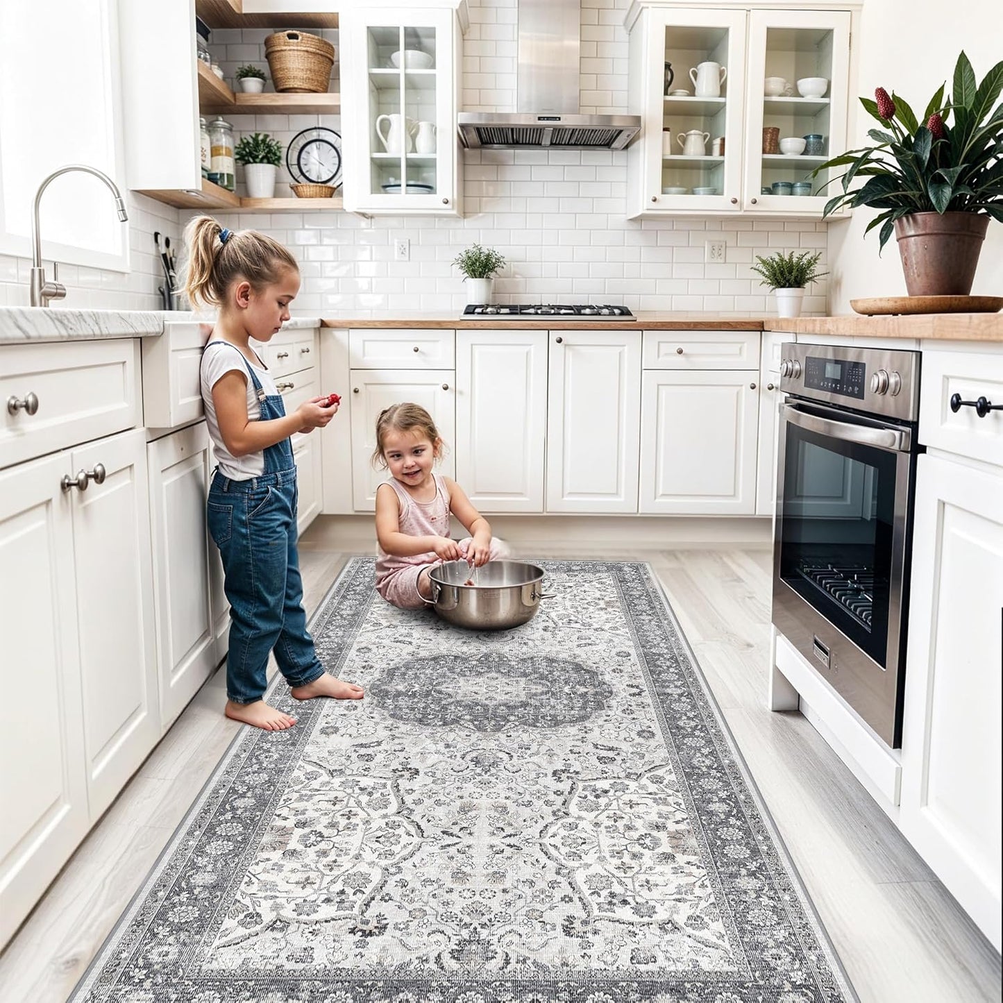 Regine Switzerland Washable Runner Rug - Stain Resistant Oriental Design | 4x8 Feet, Grey for Entryway & Kitchen
