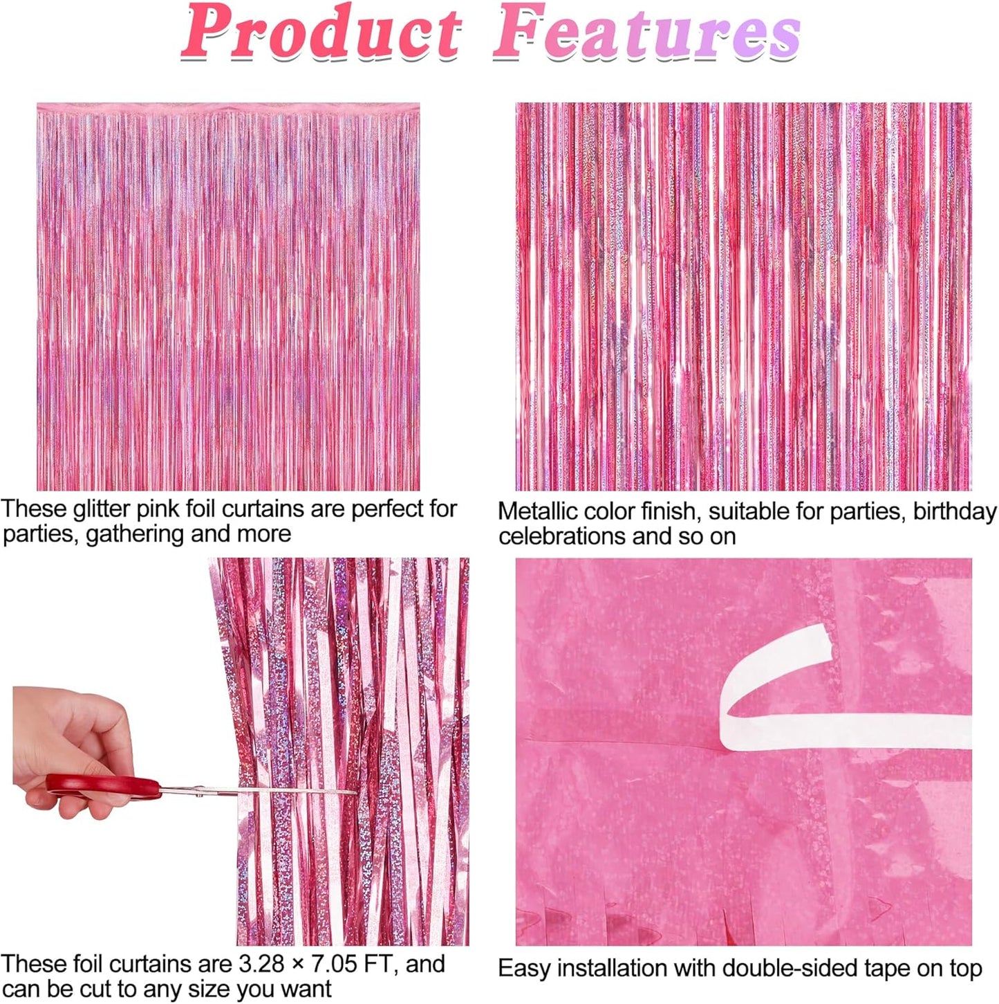 Skiennix Glitter Pink Backdrop - 2 Pack Laser Pink Fringe Curtains | 3.28 FT x 7.05 FT Birthday Party Decorations