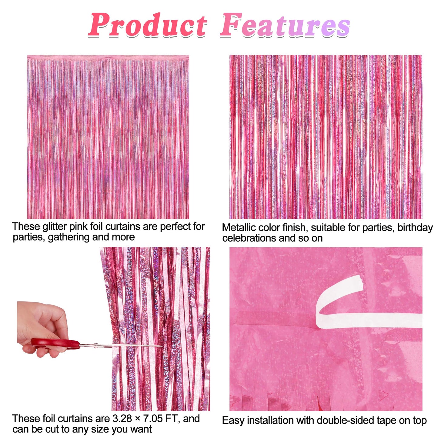 8 Pack Pink Backdrop, 3.28 FT x 7.05 FT Fringe Curtains, Metallic Glitter Pink Fringe Party Streamer Foil Curtains Tinsel Backdrop, Pink Decorations Bachelorette Valentines Day Party Supplies