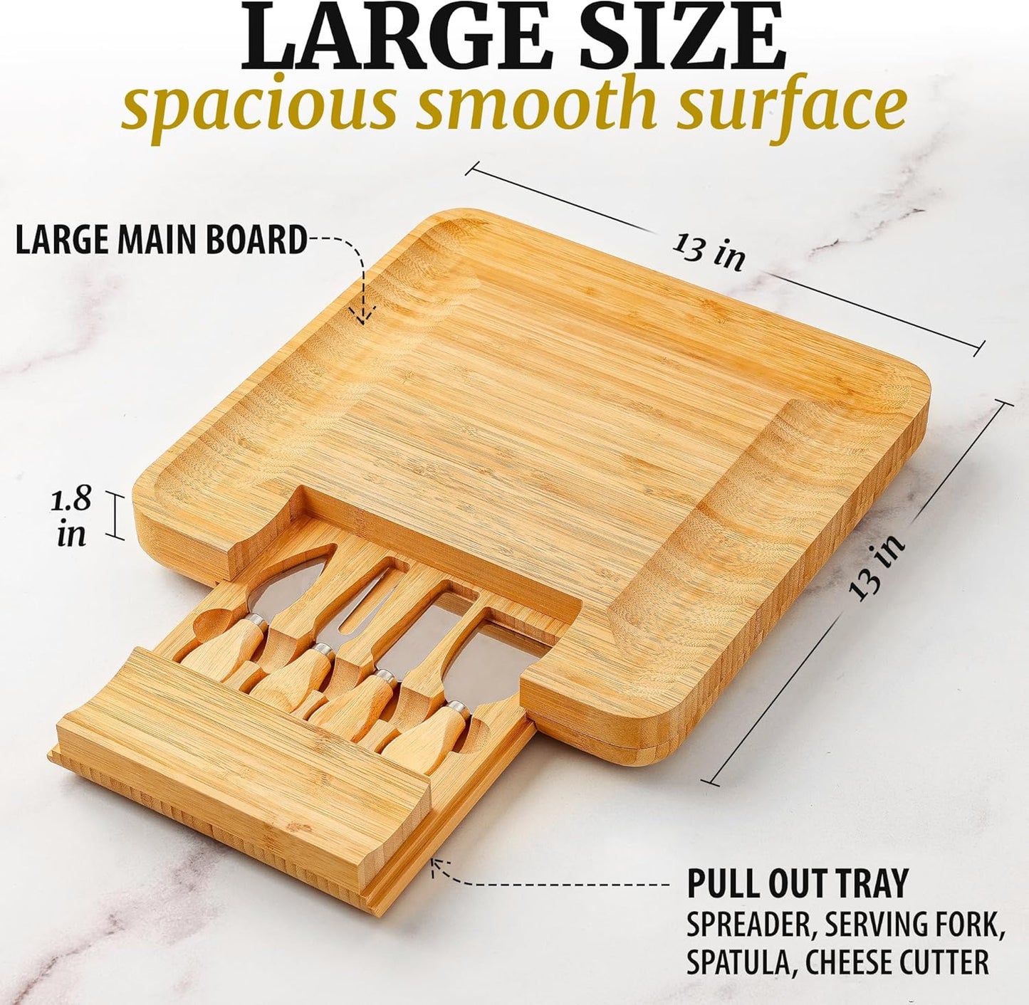 Zulay Kitchen Premium Bamboo Cheese Board Set - Extra Thick Charcuterie Board with 4 Knives | Perfect for Wine & Cheese Lovers