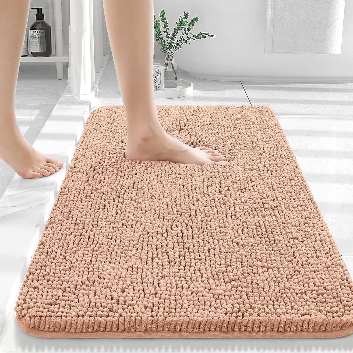OLANLY Large Bathroom Rugs - Extra Soft Chenille Bath Mats | Quick Dry, Machine Washable, Peach 50x30