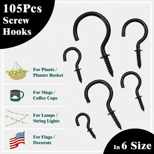 EIENHOSHI Screw Hooks - 105 Pcs in 6 Sizes for Versatile Hanging | Black Metal Cup Hooks (1/2" to 1-1/4")
