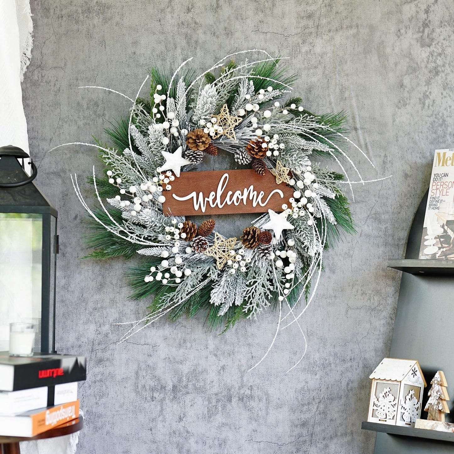 Pinkpuii Winter Wreath for Front Door - 24 Inch Outdoor Christmas Snow Covered Artificial Flocked Spruce Wreath with Pinecones, White Berries, Green Evergreen Xmas Holiday Welcome Decor