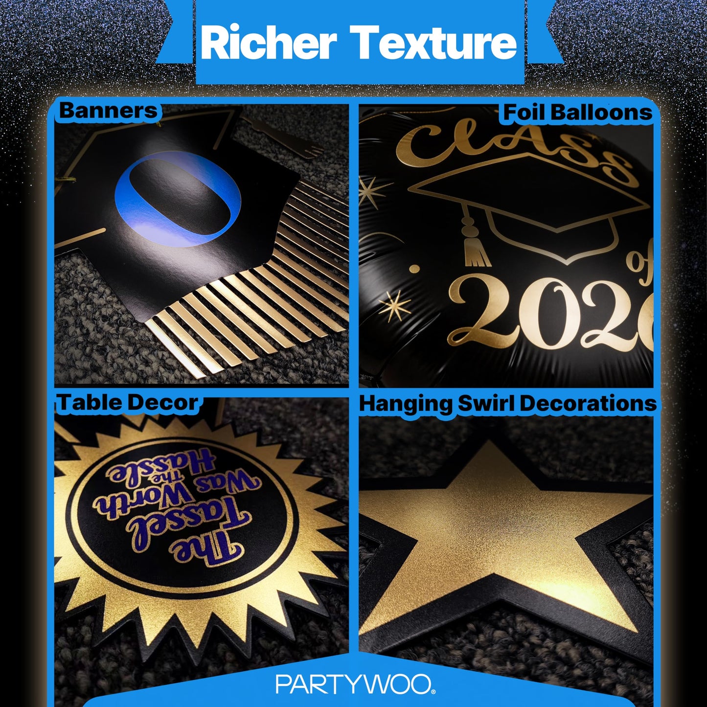 PartyWoo Graduation Decorations Class of 2026 Black Gold Blue 19pcs Grad Party Supplies with Congrats 2026 Grad Banner Hanging Swirls Foil Balloons Graduation Cap Centerpieces Party Decorations