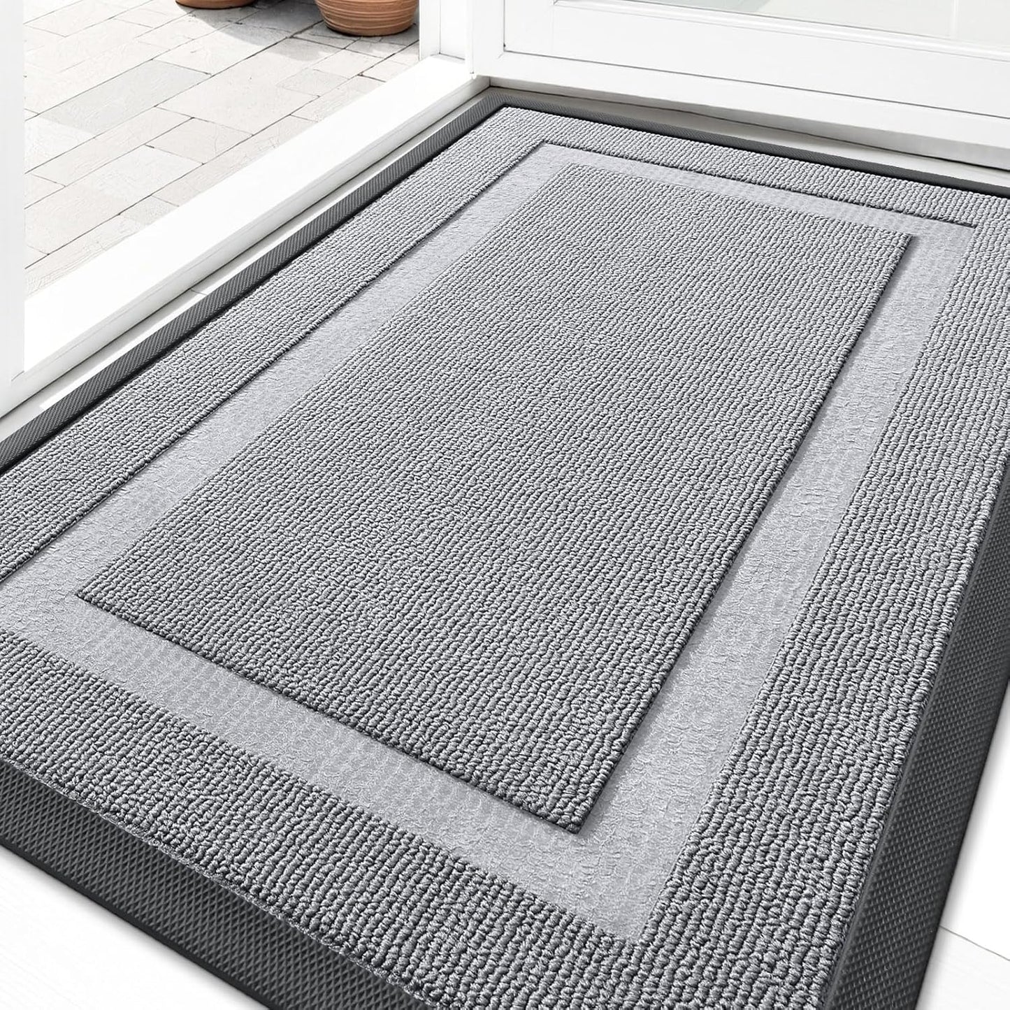 OLANLY Waterproof Front Door Mat - All-Season, Easy Clean Natural Rubber Doormat | 29.5x17, Silver Gray