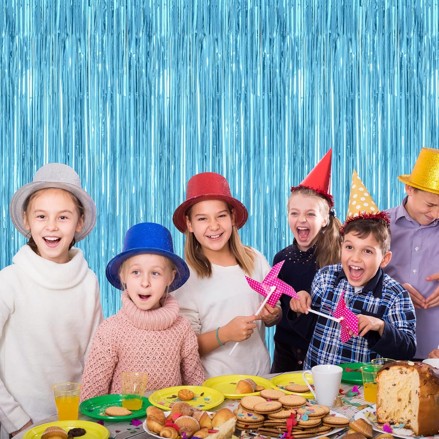 Skiennix Blue Foil Streamers - 4 Pack Metallic Sky Blue Backdrop Fringe Curtains | 3.28 FT x 7.05 FT for Parties