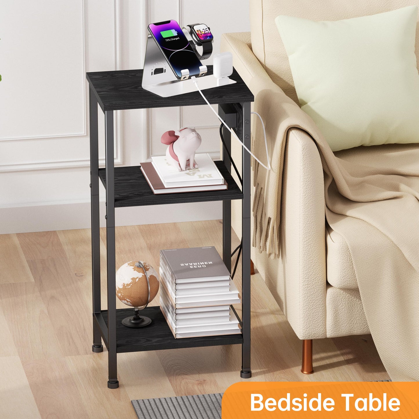 Asgolion Tall Nightstand with Charging Station, 3 Tier Narrow Tall End Table with Storage, Slim Side Table with USB Ports and Outlets for Bedroom, Living Room, Office, Black