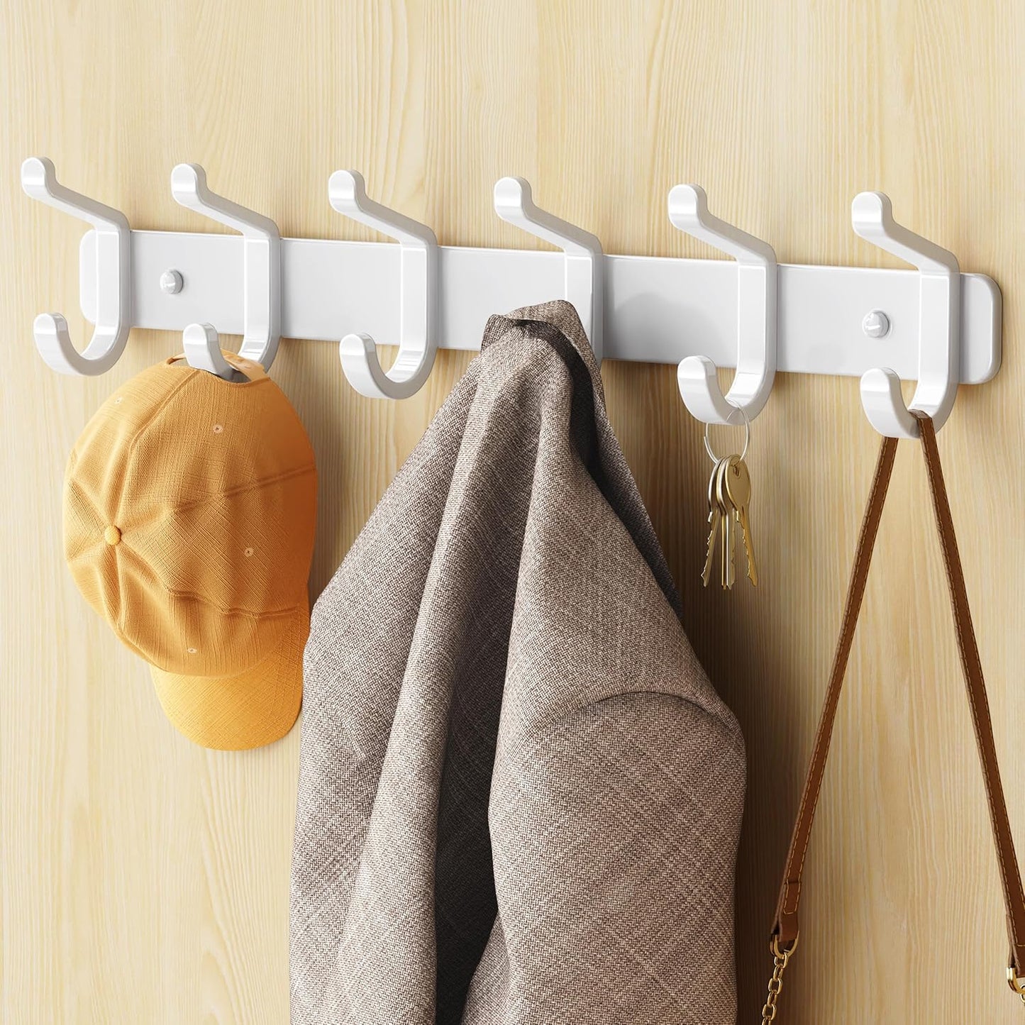 Pickpiff Coat Rack - Heavy-Duty Wall-Mounted Metal Hanger with 6 Hooks for Hats, Clothes & More | White, 2 Pack