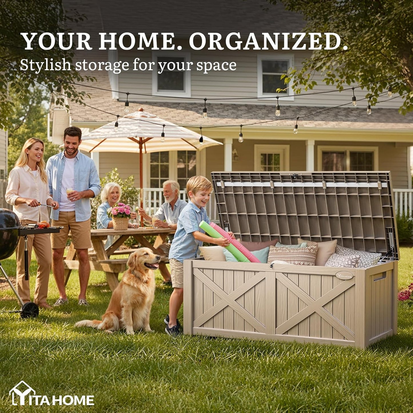 YITAHOME 150 Gallon Outdoor Storage Box - Waterproof Resin Deck Bench for Patio & Garden - Taupe